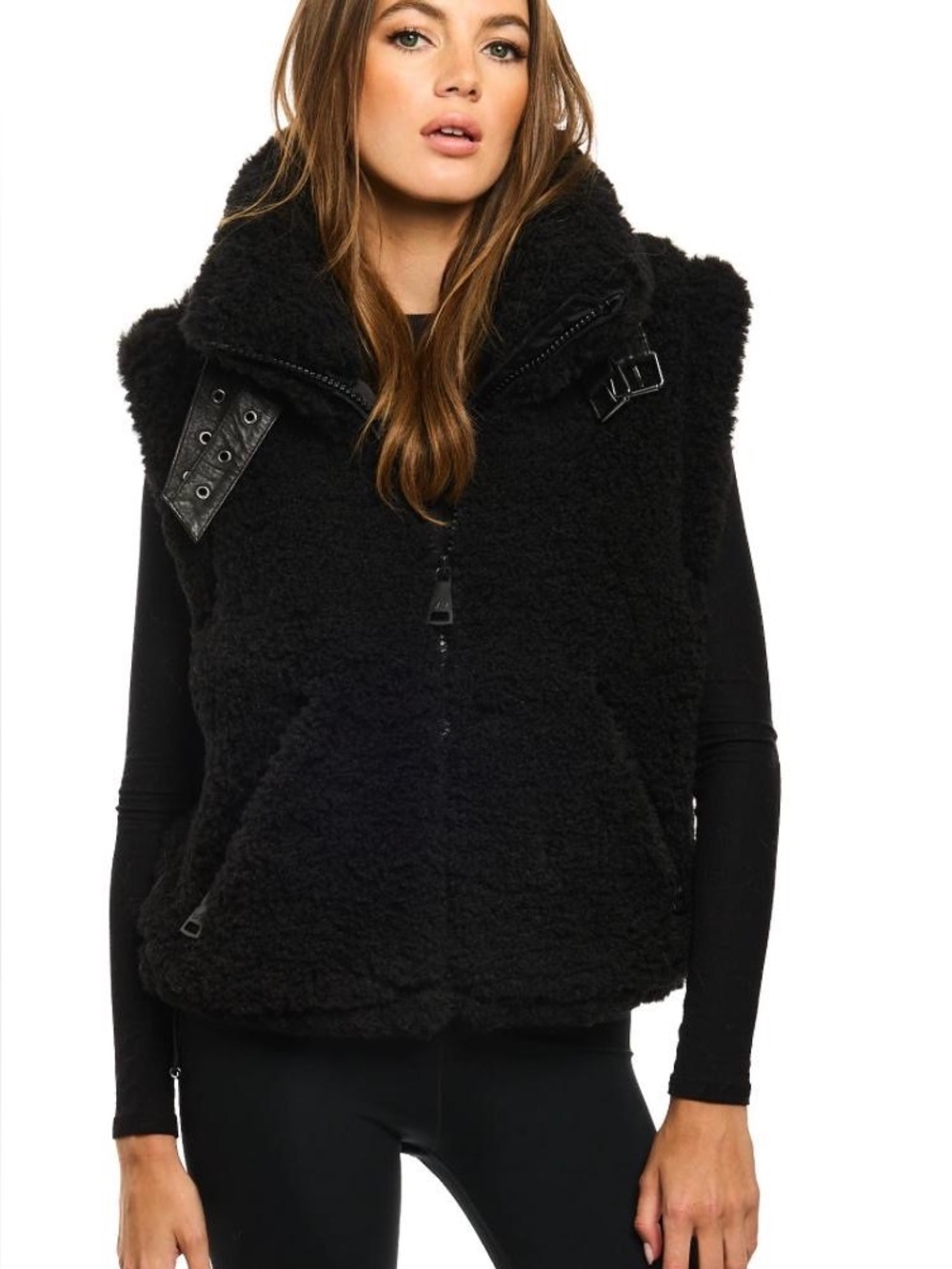 SAM. Black Teddy Sherpa Zip Vest with Buckle Collar